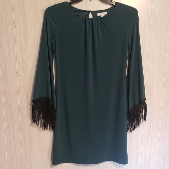 New York & Company Green Bell Sleeve Fringe Dress - Picture 8 of 8